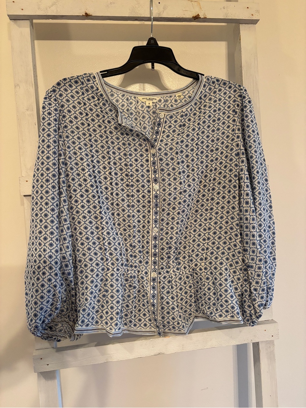 NWOT Max Studio Blue and White Printed Button-Front Blouse